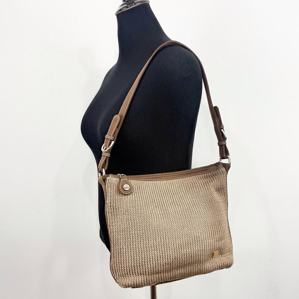 The Sak MISSY Taupe Brown Crochet Woven Faux Leather Single Strap Shoulder Bag
